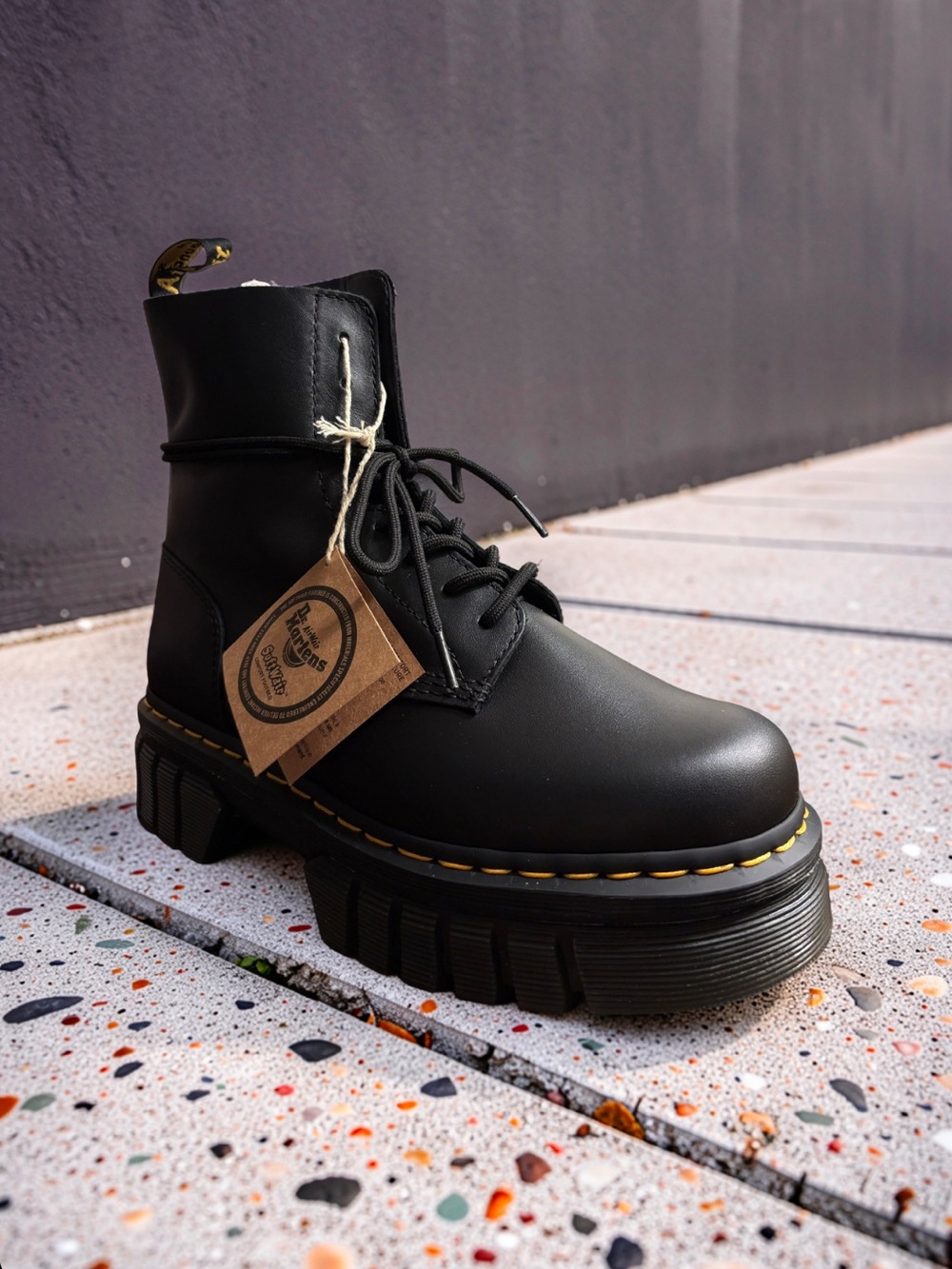 Dr. Martens Black Audrick 8-Eye Lace-Up Platform Boot with Yellow Stitching